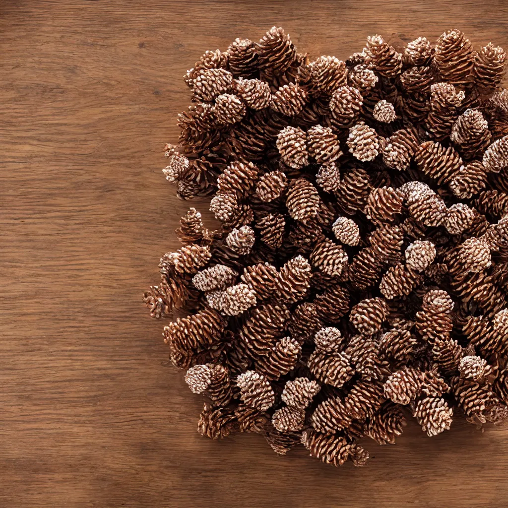 Image similar to top-down view of pinecones on top of a wooden table, 4k, photorealistic