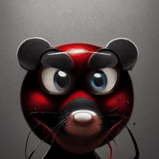 Image similar to a portrait of an lonely mikey mouse, detailed, realistic eyes, horizontal partial symmetry features proportions, intricate facial details, blood gore wear, award winning, trending in cgsociety artstation deviant art