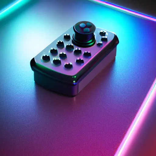 Image similar to product shot render for atari joystick, 8 k render, cinema 4 d, synthwave, retrowave color backdrop, depth of focus, glossy