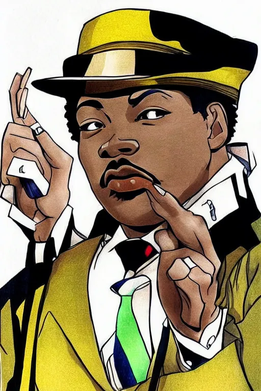 Image similar to Martin Luther King as Jotaro Kujo JoJo from JoJo\'s Bizarre Adventure, anime drawing by Hirohiko Araki