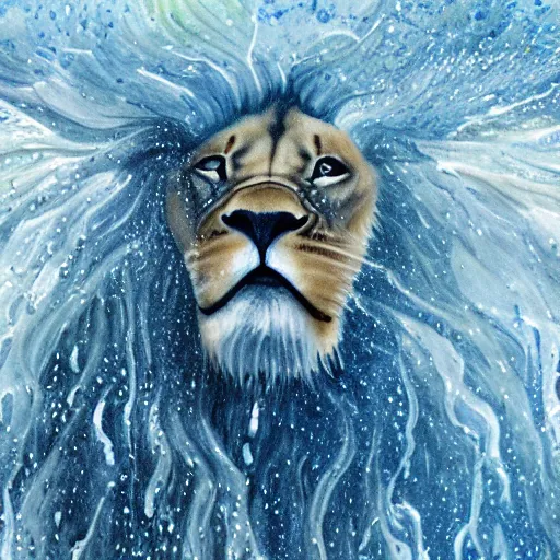 Image similar to a male lion's face breaching through a wall of water, water sprites, splashing, deep blue water color, highly detailed