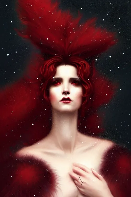 Image similar to Nocturne, glowing, stars, a portrait of a shadow monster hybrid woman with long fur and a feathered collar, highly detailed, mysterious, ethereal, dressed in red velvet, haute couture, illustration, dramatic lighting, soft details, painting, by Edmund Blair Leighton, Brom, Charlie Bowater, trending on artstation, faces by Tom Bagshaw, otto schmidt