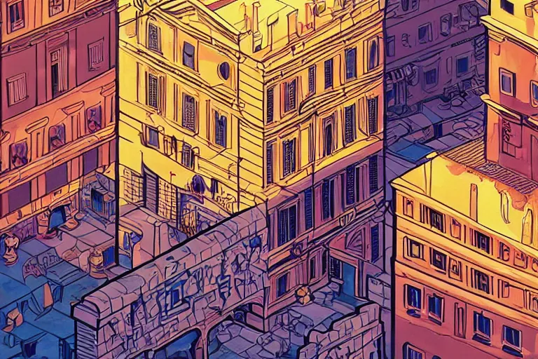 Image similar to !! photography isometric!! rome in a sunny day, artwork by tooth wu, colorful contrast,!!!! very coherent!!!!, dark shadow, thick lineart