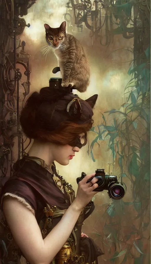 Image similar to hyper realistic photographer taking a picture of a cat, magical, steampunk, painted by tom bagshaw, mucha, gaston bussiere, craig mullins, j. c. leyendecker 8 k