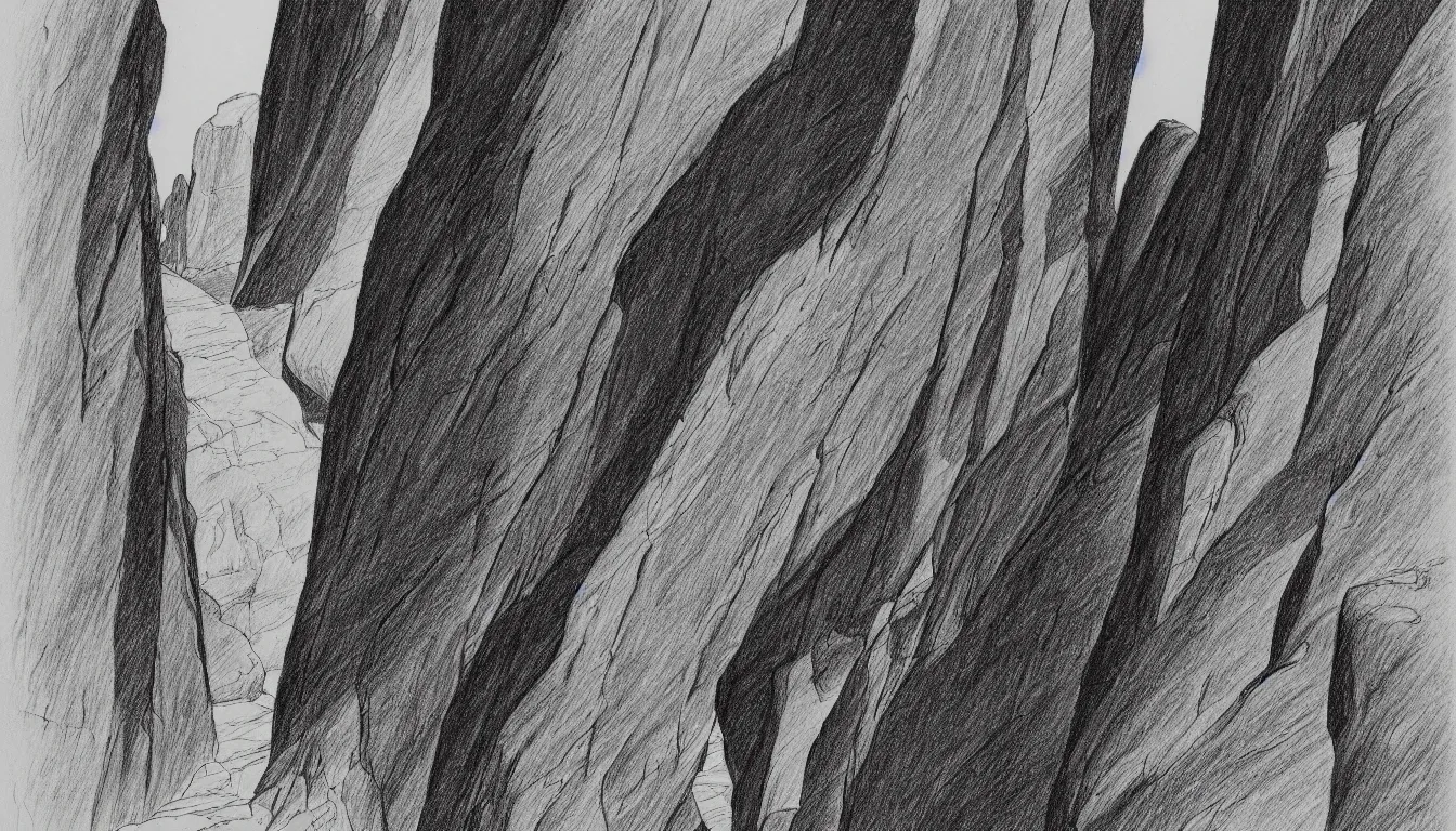 Image similar to Slot canyon drawing by Moebius, minimalist, detailed, black and white drawing