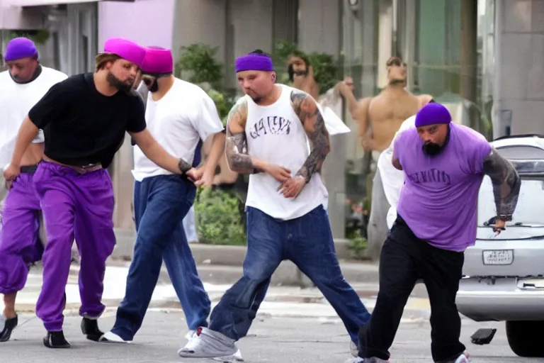 Image similar to medium full shot of leonardo dicaprio as a gang member wearing a purple head covering made from a polyester or nylon material and a stained white tank top caught beating up a rival gang member with his goons, arms covered in gang tattoo, paparazzi, leaked footage, uncomfortable, bad quality