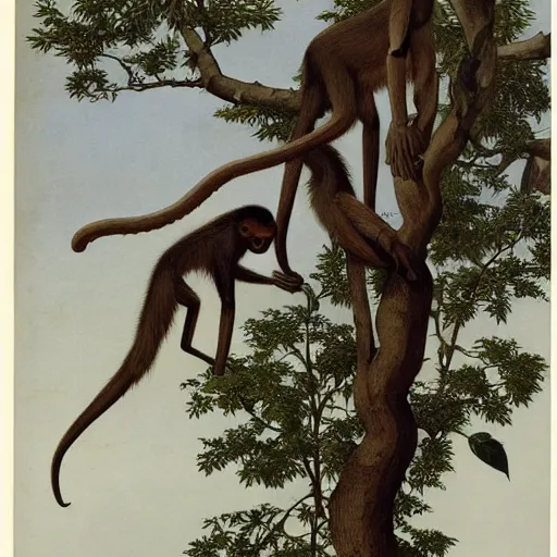 Image similar to spider monkey on a tree, by walton ford, audubon, haeckel, bouguereau