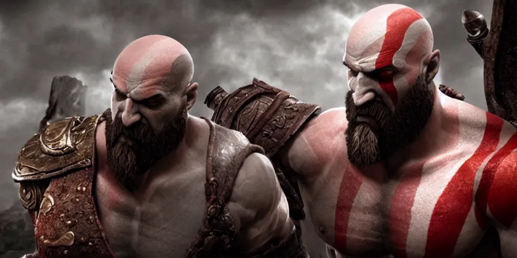 Image similar to kratos the god of war looking in the mirror, cinematic composition and lighting