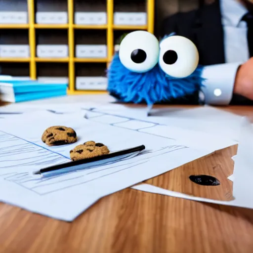 Image similar to Cookie Monster in an office, wearing a business suit at a desk with papers