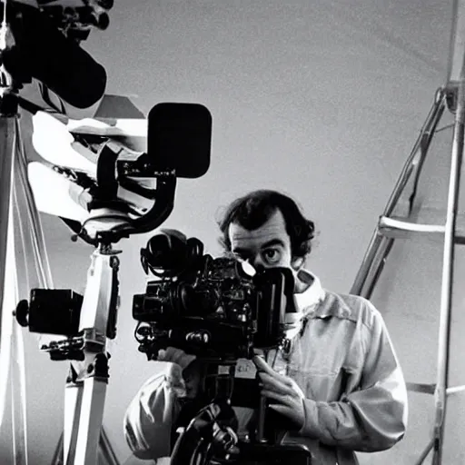 Prompt: stanley kubrick on the set of a movie about the moon landing