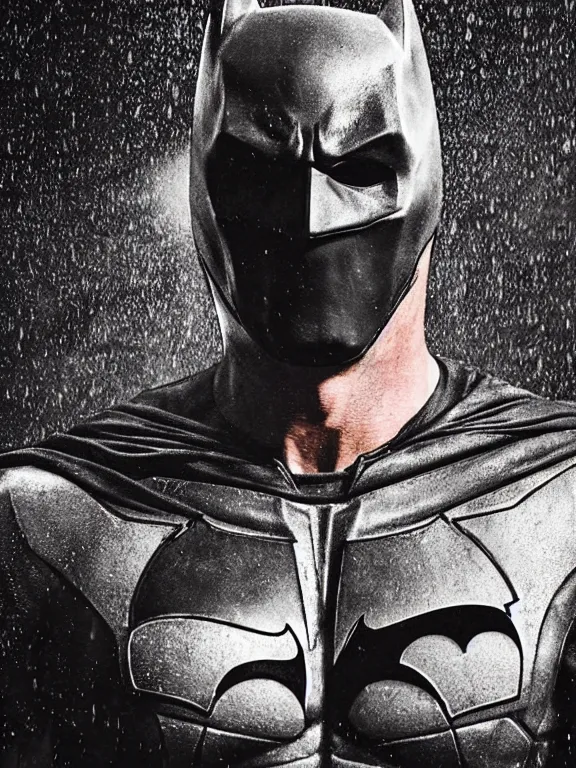 Image similar to film still, ryan reynolds as batman, mask half torn, hyperrealism, moody lighting, rain, intricate, 8 k