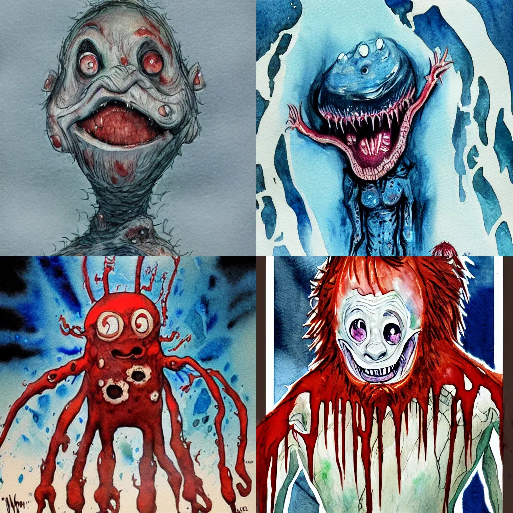 Prompt: concept art watercolor of the Thing 1982, eerie, body horror