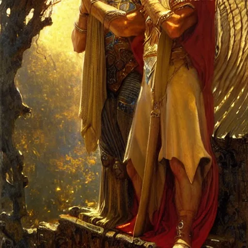 Image similar to stunning arthur pendragon in love with stunning male merlin the mage. they are close to each other, touching, looking. highly detailed painting by gaston bussiere, craig mullins, j. c. leyendecker