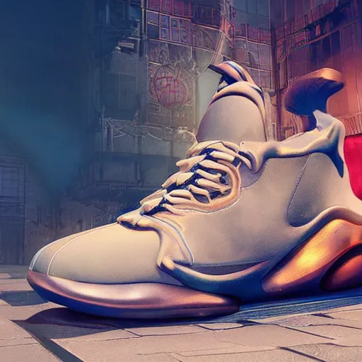 Image similar to sneakers shoe design inspired by a chinese dragon, unreal engine, octane render, cinematic backdrop, ethereal lighting, visually stunning, inspiring, ray tracing, in the style of james jean