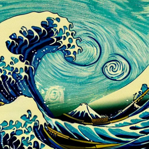 Image similar to the great wave of kanagawa with van gogh sky