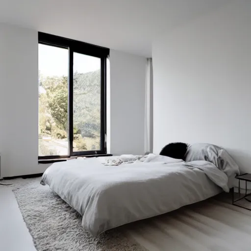 Prompt: Bedroom with Minimalistic Art on the walls, white furtniture, big windows with sunlight coming in