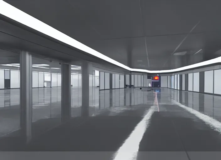 Prompt: in - game screenshot cctv footage of a large white empty breakroom with a security checkpoint, retrofuturist liminal space, familiar place, clean, black mold, amateur, unreal engine, photorealistic, trending on artstation