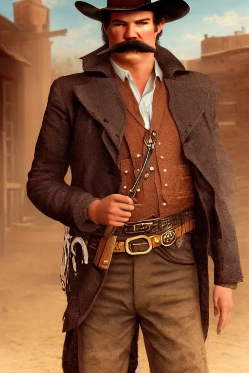 Image similar to highly photorealistic render of young val kimer as wyatt earp from tombstone set against a western town, intricate detail, attention to details, realistic color scheme, volumetric lighting