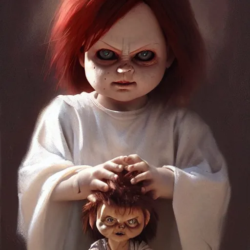 Image similar to the doll chucky as the angel seraphim according to the prophet isaiah, oil painting, by greg rutkowski