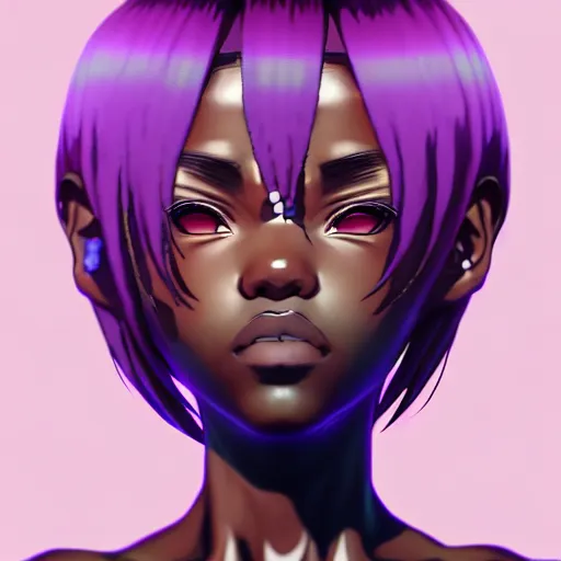 Image similar to portrait of black anime manga girl, boxer punch pose, french bob hair!!!!!, white hair, wearing camo, purple eyes, by gustave dore, vaporwave colors, lofi colors, vaporwave, lofi, goth vibe, 4 k, smooth, hd, substance designer render, full body character concept art, 2 point lighting,