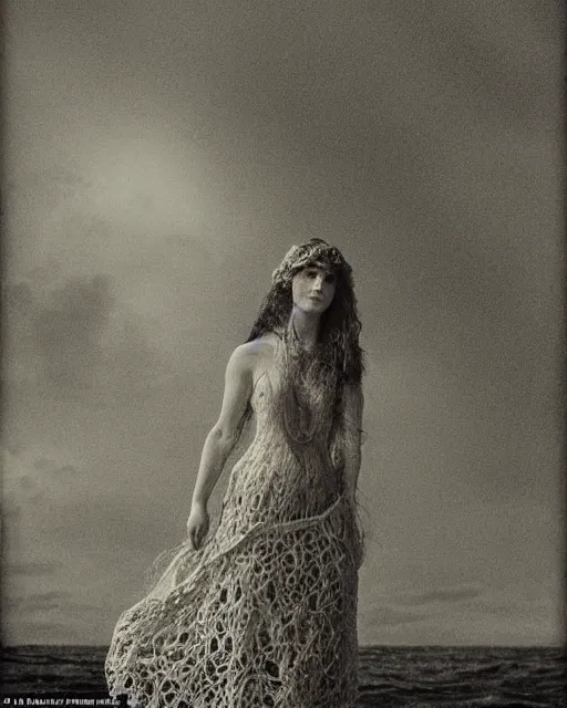 Prompt: a young woman standing by the sea, long hair, made of intricate decorative lace leaf skeleton, in the style of the dutch masters and gregory crewdson, dark and moody