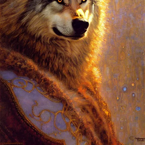 Image similar to a portrait a wolf in wizard clothes. detailed face highly detailed painting by gaston bussiere craig mullins jc leyendecker gustav klimt artgerm greg rutkowski