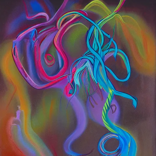 Image similar to a colorful painting of tendrils of fog swirling around a man in a dark place