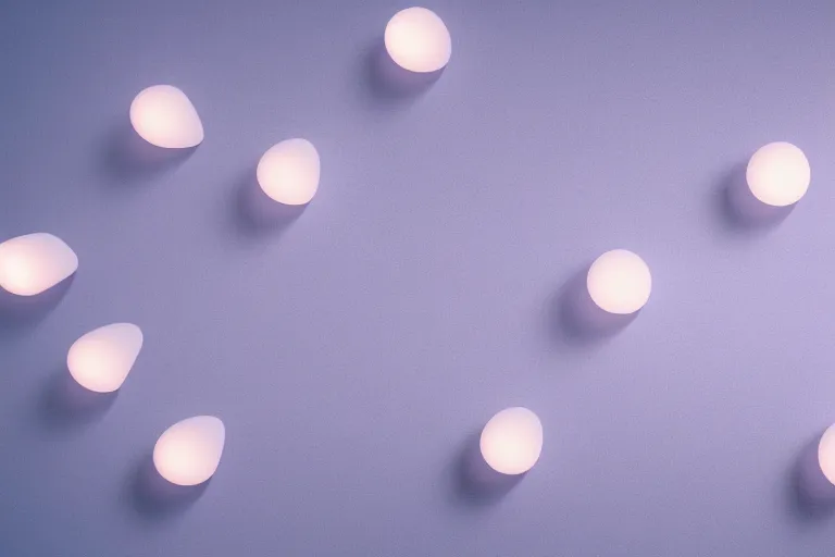 Image similar to clay rendering of simple medium angular shapes floating in a white sky surrounded by little metal flakes, small glowing fluorescent tube lights hover around the shapes, cool purple slate blue lighting, cgi, ambient occlusion, masterwork, studio lighting, dusty air, flecks, splash page, widescreen 4 k