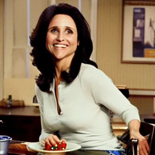 Image similar to Julia Louis-Dreyfus starring as Seinfeld in the tv sitcom Seinfeld promo shots