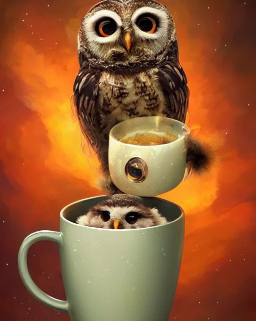 Prompt: long shot of a very cute owl chick nesting in a futuristic mug, esao andrews, humorous illustration, hyperrealistic, big depth of field, warm colors, whimsical cosmic night scenery, low light, 3 d octane render, 4 k, concept art, hyperdetailed, hyperrealistic, trending on artstation