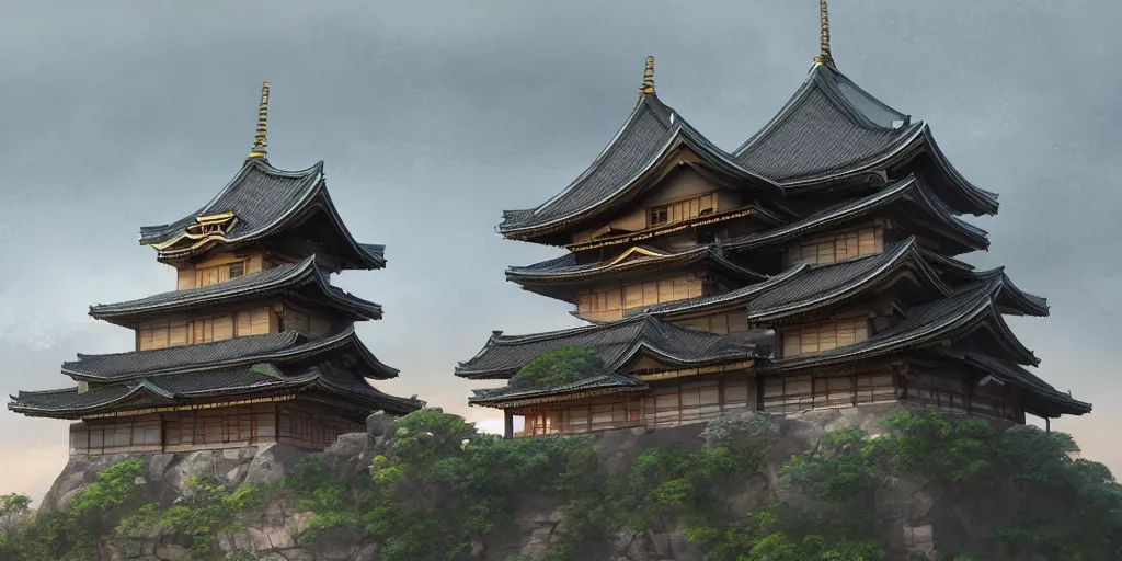 Image similar to A beautiful, perfect, impressive, amazing concept art digital CG painting of a japanese castle, trending on ArtStation, Unreal Engine