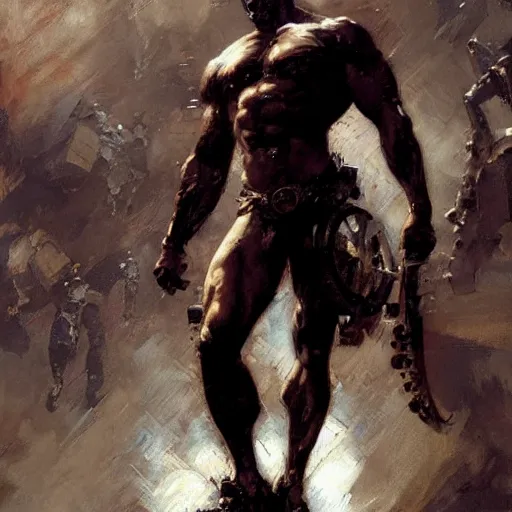 Image similar to muscular male cyborg, muscle, painting by gaston bussiere, craig mullins, greg rutkowski, yoji shinkawa