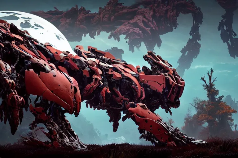 Image similar to wide epic shot. a hyper detailed fanghorn evangelion realistic mechanical and organic creature similar look as horizon forbidden west horizon zero dawn, bioluminiscence in a dark deep forest at dawn in spring, with reflection and textures, by kilian eng, substance painter reaslitic mech surface metal painted scratches, world env from horizon forbidden west horizon zero dawn