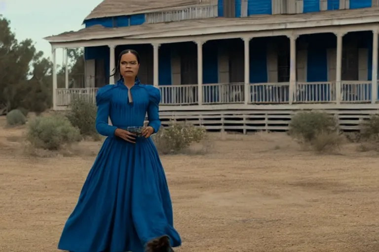 Image similar to 4 k still of tessa thompson wearing a blue dress on an old west plantation in westworld, detailed, photorealistic