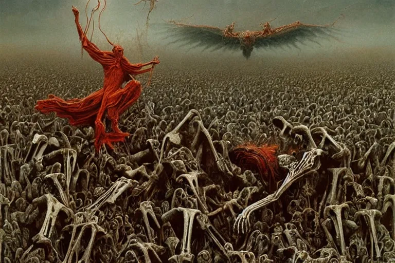 Prompt: ultra-detailed painting by zdzisław beksiński of blood lord fighting black angel made out of bones in the battle between blood humans and undead elves in the bone valley, hd, 8k, ultra-detailed