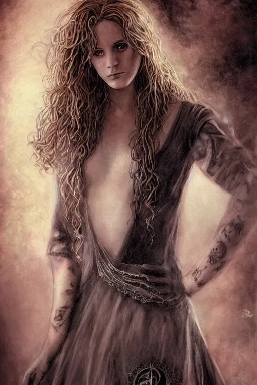 Image similar to dressed Hermione Granger in tattoos, by luis royo, beautiful gown, beautiful eyes, Beautiful face, by Aggi Erguna, high detail, high resolution