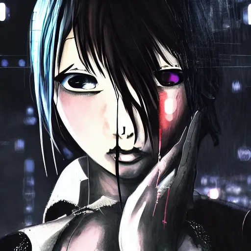 Prompt: android, killer - girl, high detail of the face, full body, close - up, 1 / 6 nihei tsutomu, style of cyberpunk, night, city,