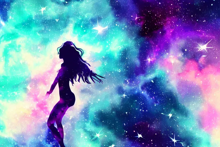Image similar to silhouette of a girl floating up with limp arms and legs, long hair, she's exploding into incredible stars and nebula, dramatic digital painting, trending on artstation