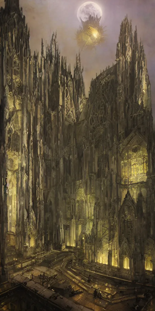 Image similar to moonlit vista, dieselpunk gothic cathedral, painted by ruan jia, petrol oil, lawrence alma tadema, zdzislaw beksinski, norman rockwell, jack kirby, tom lovell, alex malveda, greg staples, hand of fear, bbc, tv