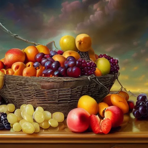 Image similar to photorealistic heaven made of fruit basket, detailed, centered, digital painting, artstation, concept art, donato giancola, joseph christian leyendecker, wlop, boris vallejo, breathtaking, 8 k resolution, extremely detailed, beautiful, establishing shot, artistic, hyperrealistic, beautiful face, octane render, cinematic lighting, dramatic lighting, masterpiece