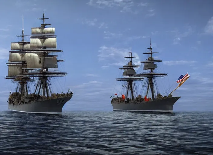 Image similar to a 1700s pirate ship sailing next to modern day US destroyer sailing side by side, hyper-realistic