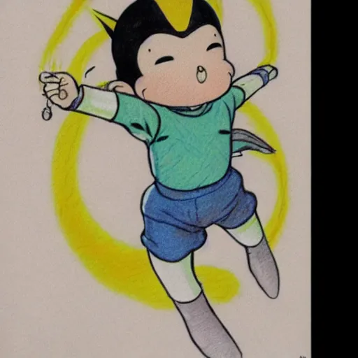 Image similar to astro boy flying, drawn by osamu tezuka, manga, water colored, pastel tones