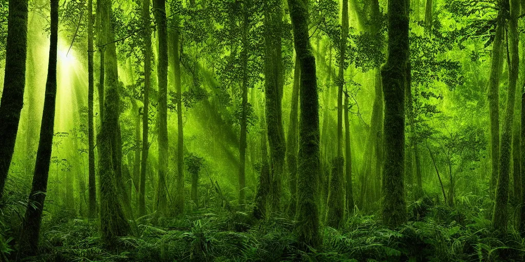 Image similar to lush forest, dense vegetation, against light, bright details, contrasting, daylight, highly detailed, by dieter rams, national geographic magazine, reportage photo, natural colors