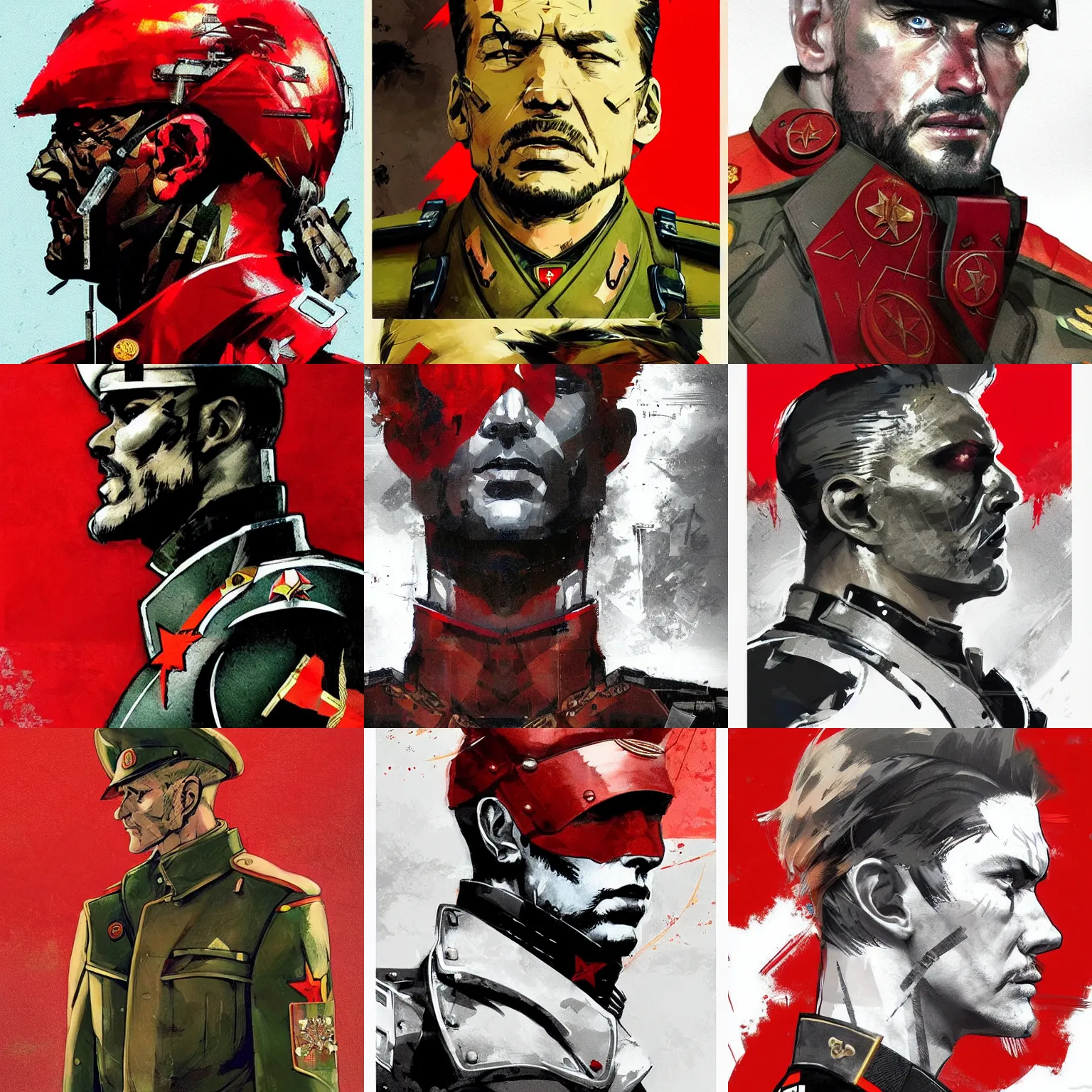 Prompt: a beautiful side portrait of the red army captain. he is full of medals. soviet uniform. art by yoji shinkawa and sandra chevrier, trending on artstation, award - winning, perfect composition.