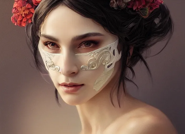 Prompt: masked, perfectly-centered-Portrait of the most beautiful woman on the planet , intricate, highly detailed, artstation, concept art, concept render, octane, redshift, smooth, sharp focus, illustration,award-winning, Unreal Engine 5, 8K, art by artgerm and greg rutkowski and alphonse mucha