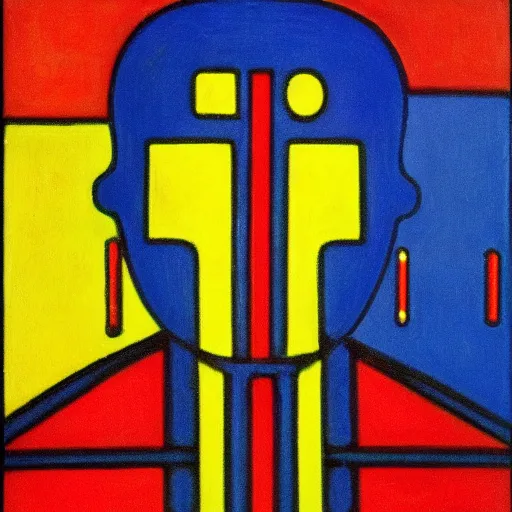 Image similar to cyborgs by piet mondrian, in red blue and yellow