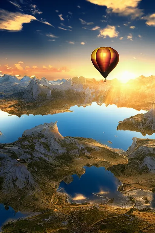 Image similar to Photorealistic two swans forming a Hot Air Balloon, flying above a mountain lake, 8k highly professionally detailed, HDR, CGsociety