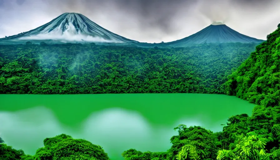 Image similar to a beautiful green scene, guatemalan lake full of water, volcano in background, high definition, beautiful award winning photography, 8 k.