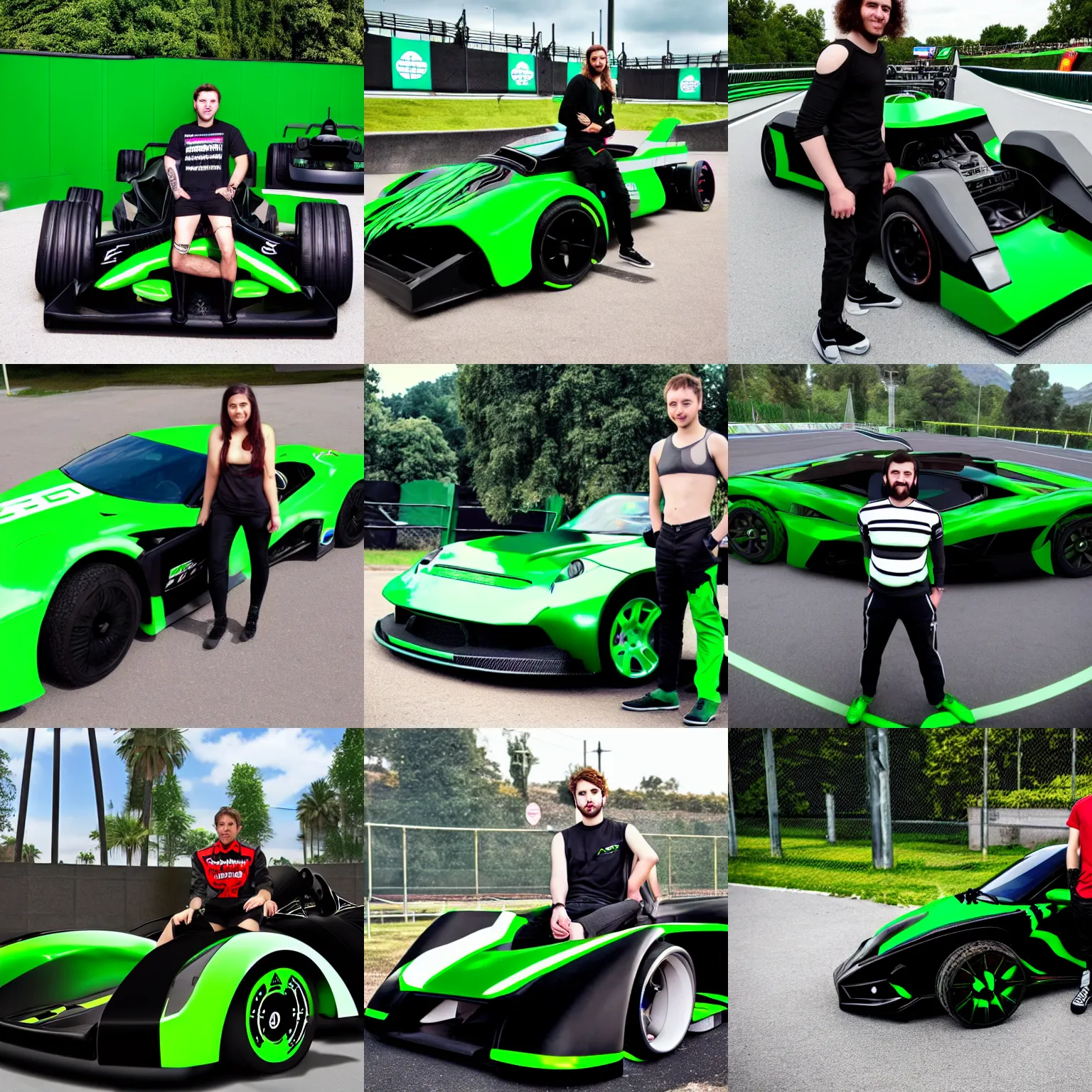 Prompt: full body portrait of the streamer ZeratoR posing near a (black and green) Trackmania racing car, (((Zerator))