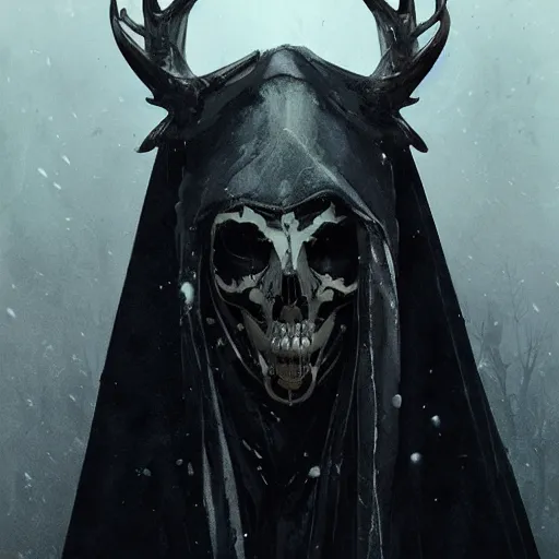 Image similar to portrait of a character wearing a black cloak, with a white deer skull mask, dramatic lighting, illustration by Greg rutkowski, yoji shinkawa, 4k, digital art, concept art, trending on artstation